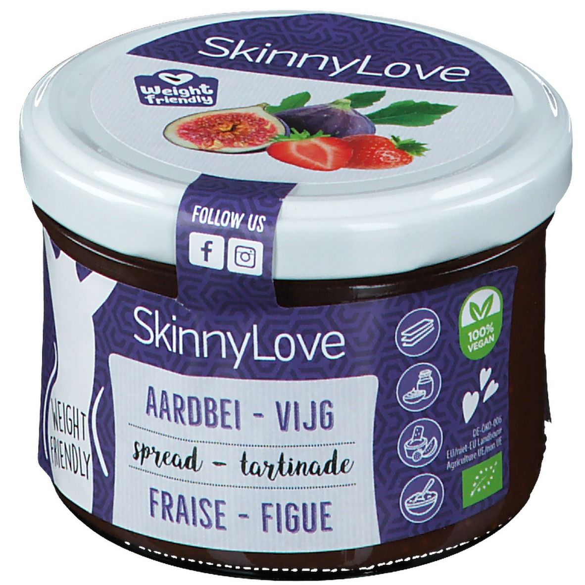 Pot SkinnyLove. Couvercle avec figue et fraise. Inscription: Aardbei - Vijg, Fraise - Figue. Label Vegan.