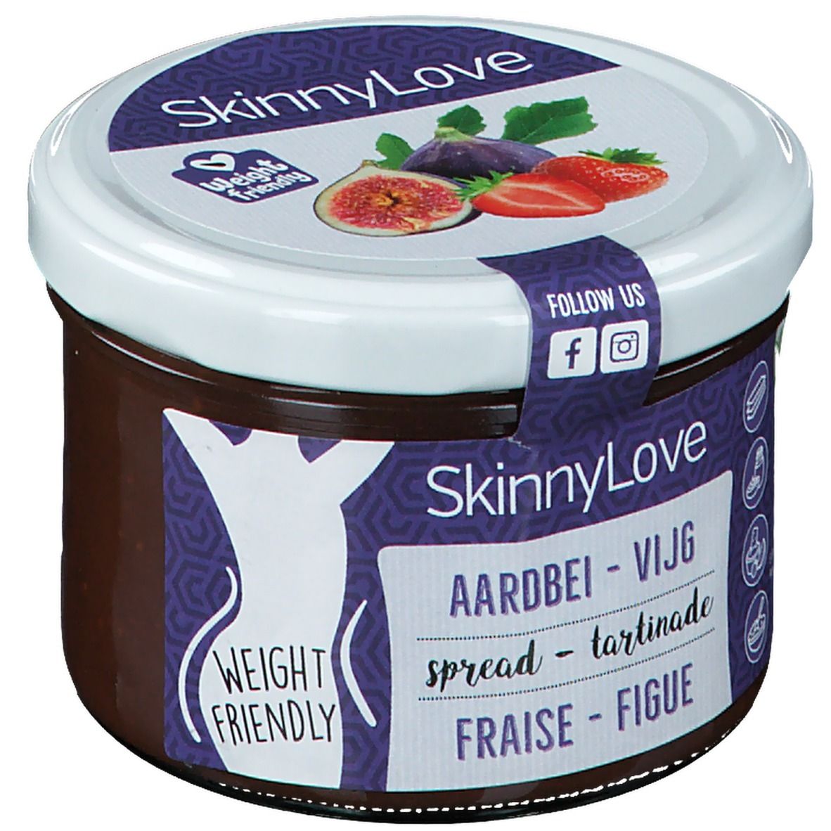 Pot SkinnyLove. Couvercle avec figue et fraise. Inscription: Aardbei - Vijg, Fraise - Figue. Label Weight Friendly.
