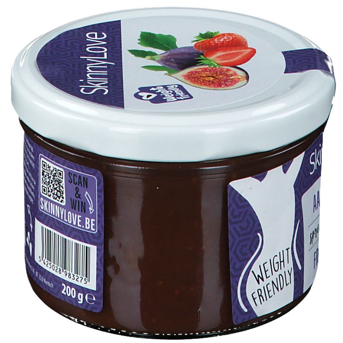Pot SkinnyLove. Dos avec code QR et code-barres. Inscription: SkinnyLove. 200g. Label Weight Friendly.