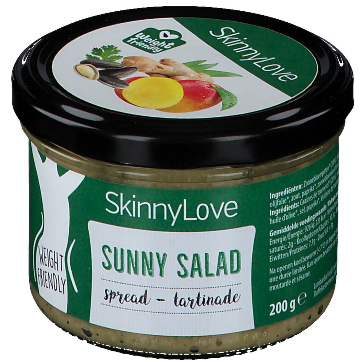 Pot de SkinnyLove Sunny Salad Spread. Couvercle noir, étiquette verte avec nom et logo du produit. Poids : 200g.