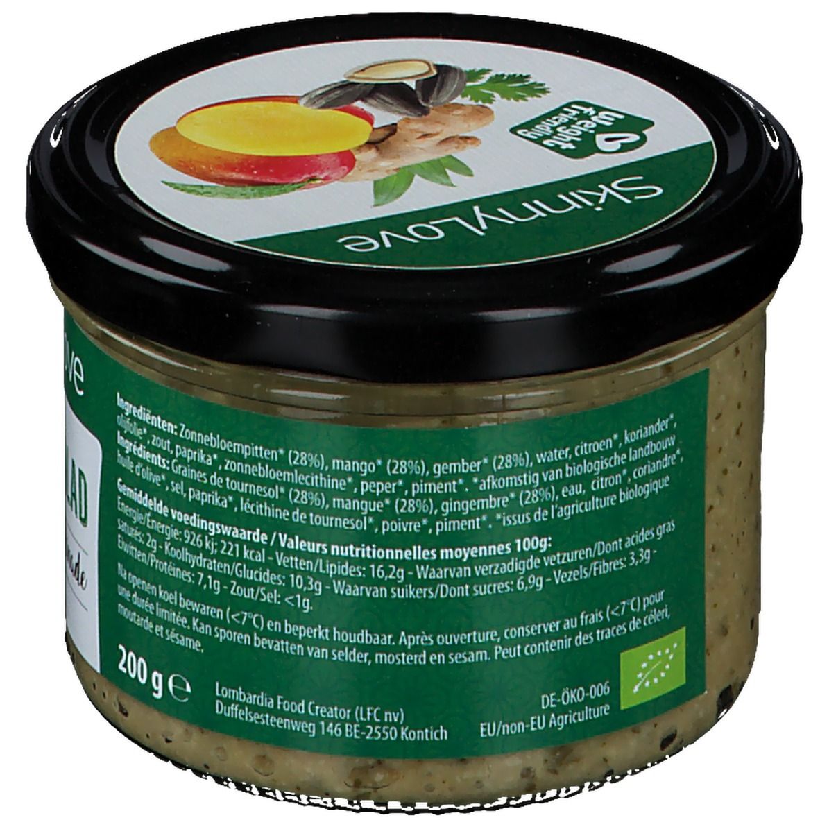 Pot SkinnyLove Sunny Salad Spread. Dos avec liste des ingrédients et informations nutritionnelles. Certification biologique. Poids : 200g.