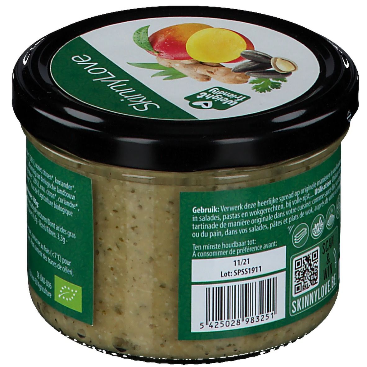Pot SkinnyLove Sunny Salad Spread. Dos avec instructions d'utilisation et date de péremption. Code QR et logo.