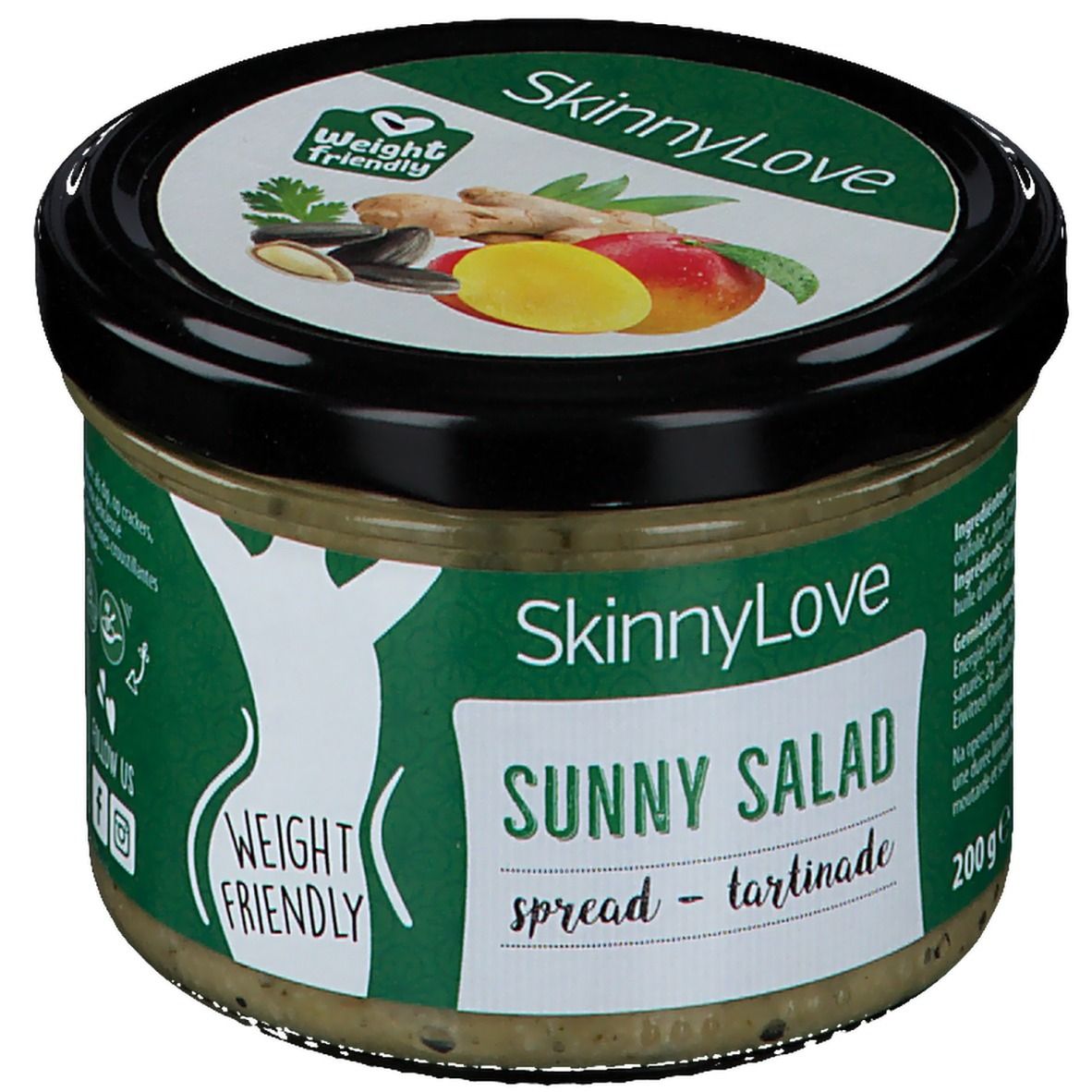 Pot SkinnyLove Sunny Salad Spread. Étiquette verte avec logo et nom du produit. Poids : 200g. Logo 'Weight Friendly'.