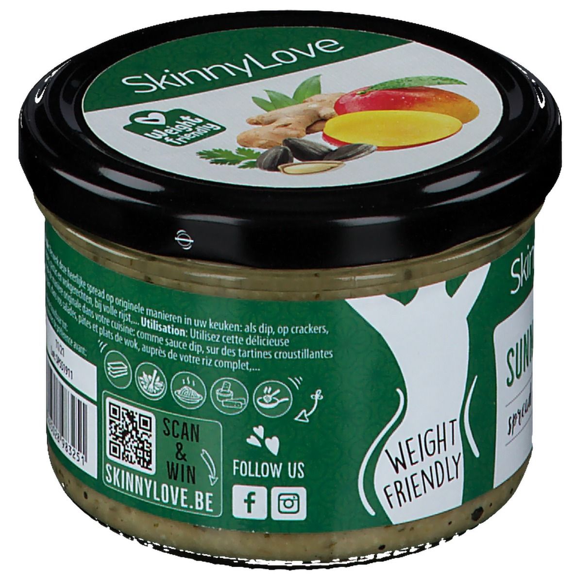 Pot SkinnyLove Sunny Salad Spread. Dos avec instructions d'utilisation, code QR et icônes de médias sociaux. Logo 'Weight Friendly'.