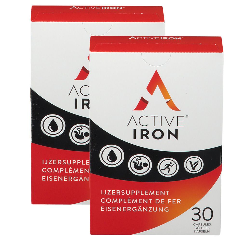 Deux boîtes ACTIVE IRON. Boîtes blanches avec le dessus rouge et logo. Inscription: IJZERSUPPLEMENT, COMPLÉMENT DE FER, EISENERGÄNZUNG. 30 gélules.
