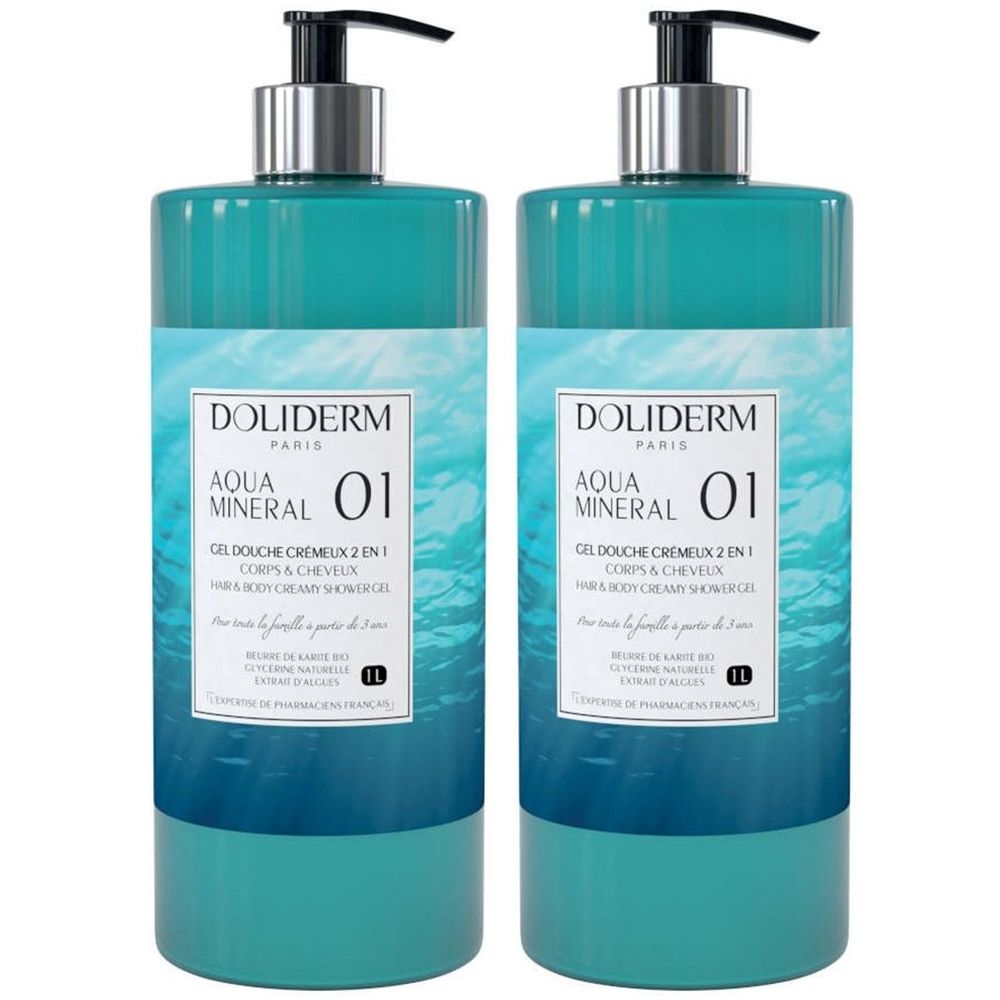 Deux flacons de gel douche. Récipient turquoise avec pompe noire. Inscription: DOLIDERM AQUA MINERAL 01, Gel Douche Crèmeux 2 en 1.