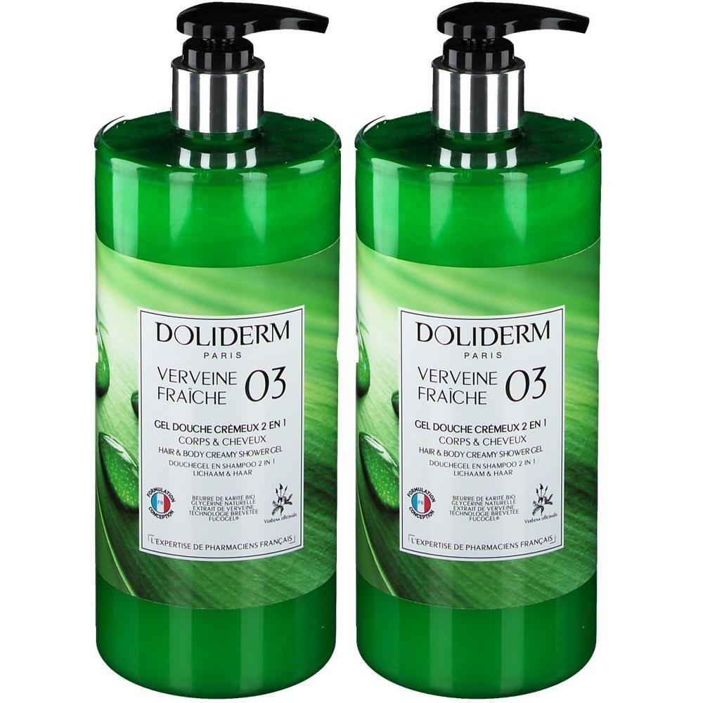 Deux flacons verts avec pompe noire. Inscription: DOLIDERM VERVEINE FRAICHE 03, gel douche 2 en 1 corps et cheveux.