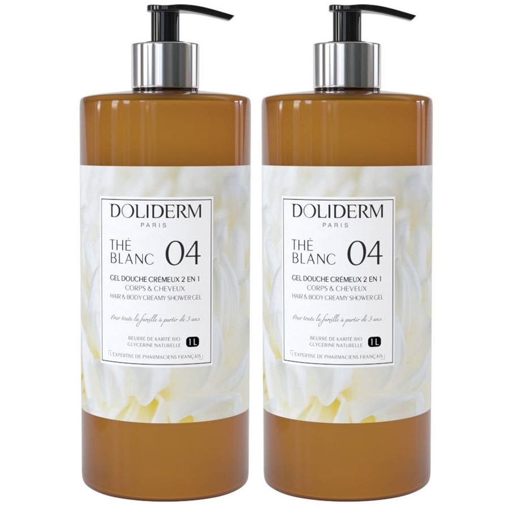 Deux flacons de gel douche. Flacons bruns avec étiquette blanche. Pompe noire. Inscription : DOLIDERM, THE BLANC 04, 2 en 1.