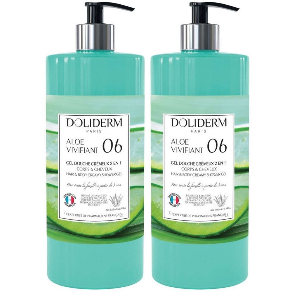 Deux flacons de gel douche. Flacons turquoise avec pompe noire. Inscription: DOLIDERM, ALOE VIVIFIANT 06, Gel Douche Cremeux 2 en 1.