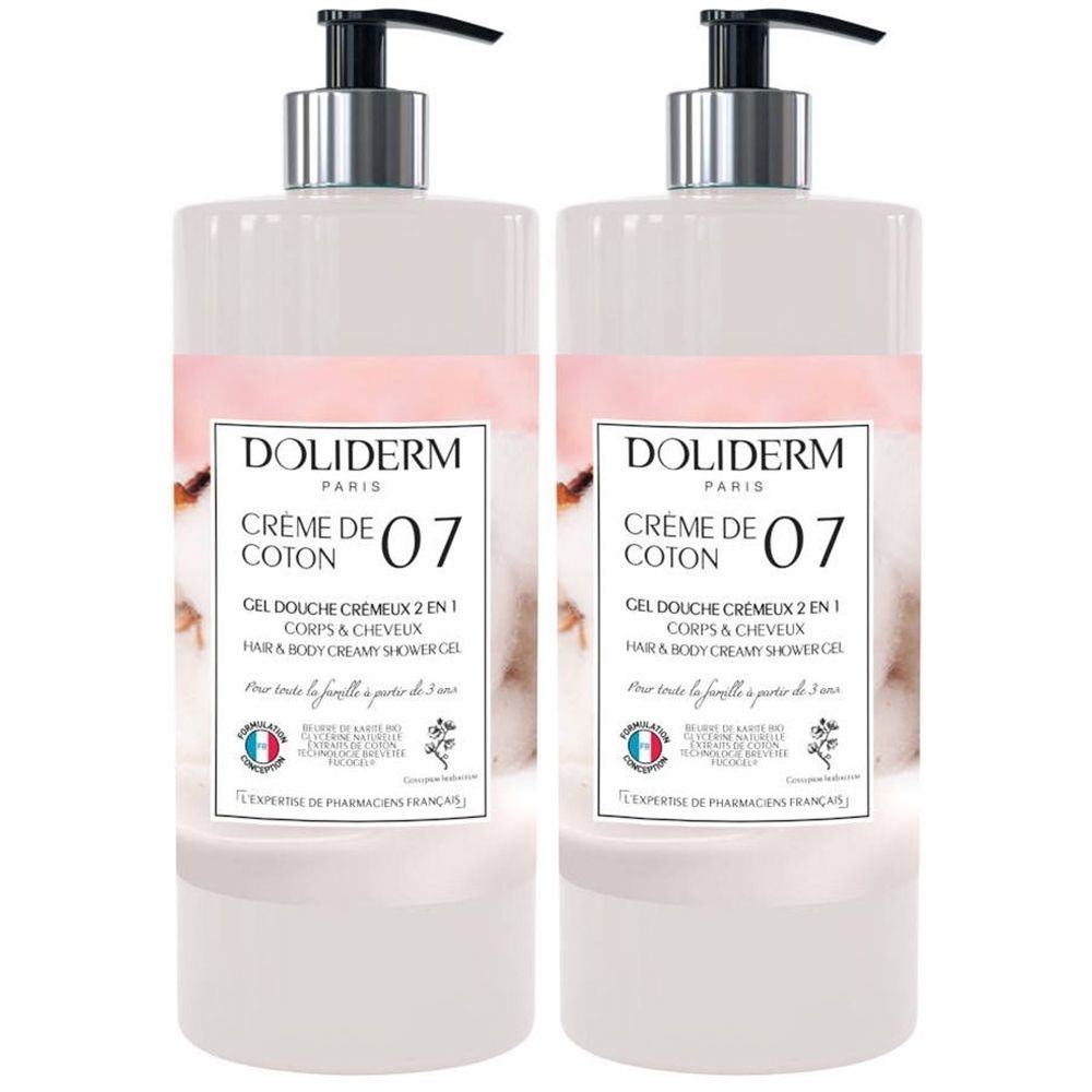 Deux flacons de gel douche. Inscription : DOLIDERM CRÈME DE COTON 07. 2 en 1 corps et cheveux. Avec pompe.