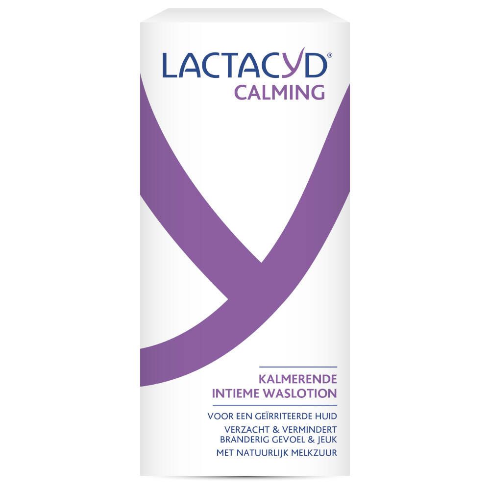 Emballage rectangulaire avec Lactacyd Calming et symbole Y violet. Texte: Lotion lavante intime calmante. Pour peaux irritées.