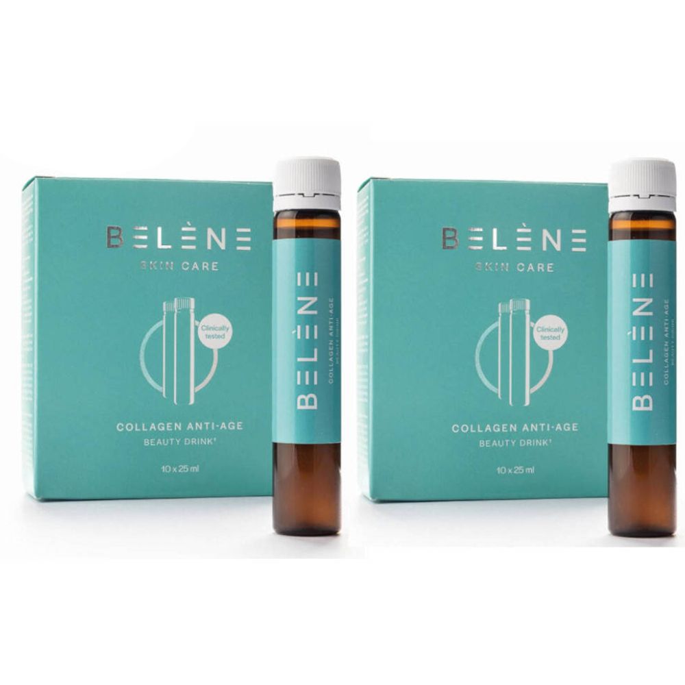 Deux boîtes de Belène Collagen Anti-Aging Beauty Drink avec flacons. Boîtes turquoise avec nom du produit et flacons contenant du liquide.