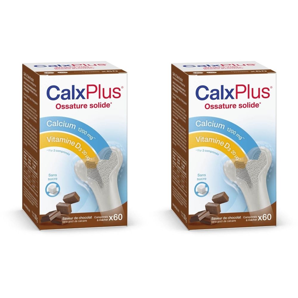 Deux boîtes CalxPlus. Inscriptions: Calcium, Vitamine D3. 60 comprimés. Morceaux de chocolat à côté.