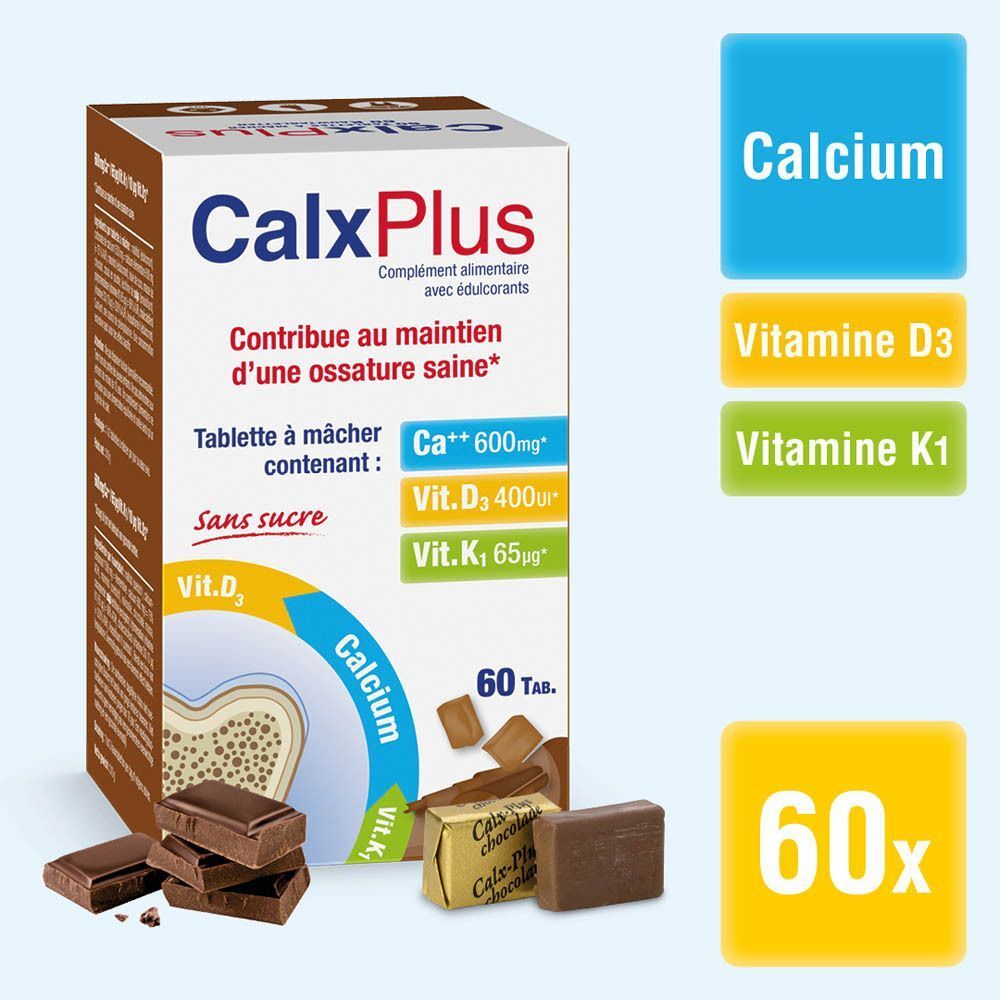 Deux boîtes de CalxPlus, comprimés à mâcher avec calcium et vitamine D3. Morceaux de chocolat à côté.