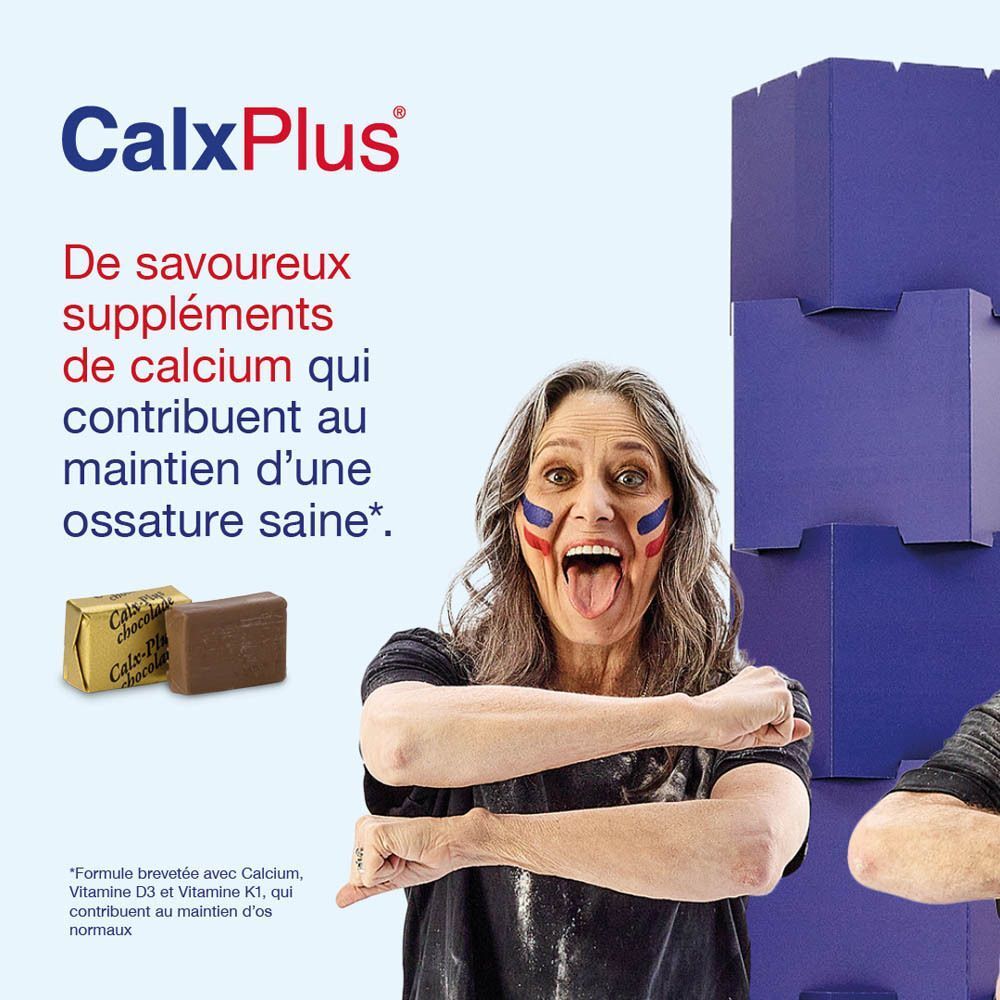 Une boîte de CalxPlus, comprimés à mâcher avec calcium, vitamine D3 et K1. Chocolat et graphiques.