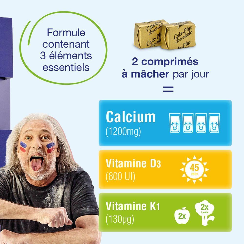 Femme avec maquillage facial et tirant la langue. Carrés de chocolat CalxPlus et boîtes bleues en arrière-plan.