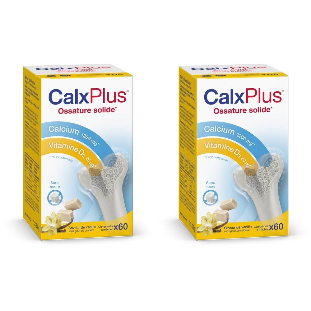 Deux boîtes CalxPlus, jaune et blanc. Inscription: Calcium, Vitamine D3, 60 comprimés. Illustration d'un os et de comprimés.