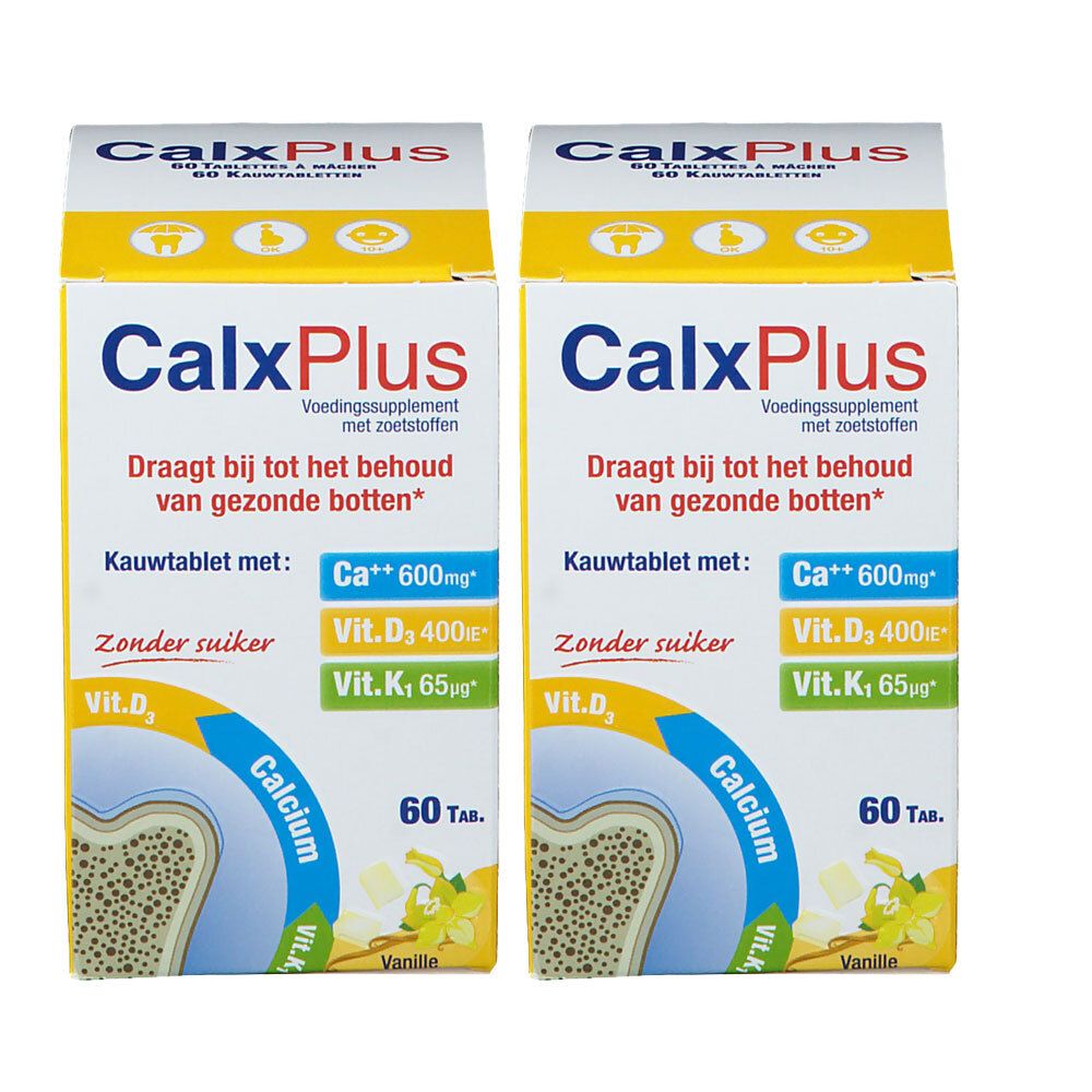 Deux boîtes de CalxPlus. Inscription: Draagt bij tot het behoud van gezonde botten. Contient calcium, vitamine D3 et K1. 60 comprimés.