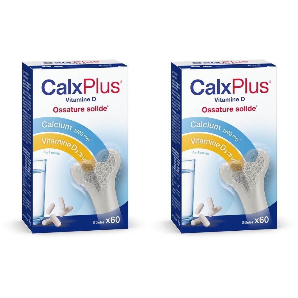 Deux boîtes de CalxPlus Vitamine D. Inscription : Calcium 1200 mg, Vitamine D3 20 ug, illustration osseuse, x60 gélules.