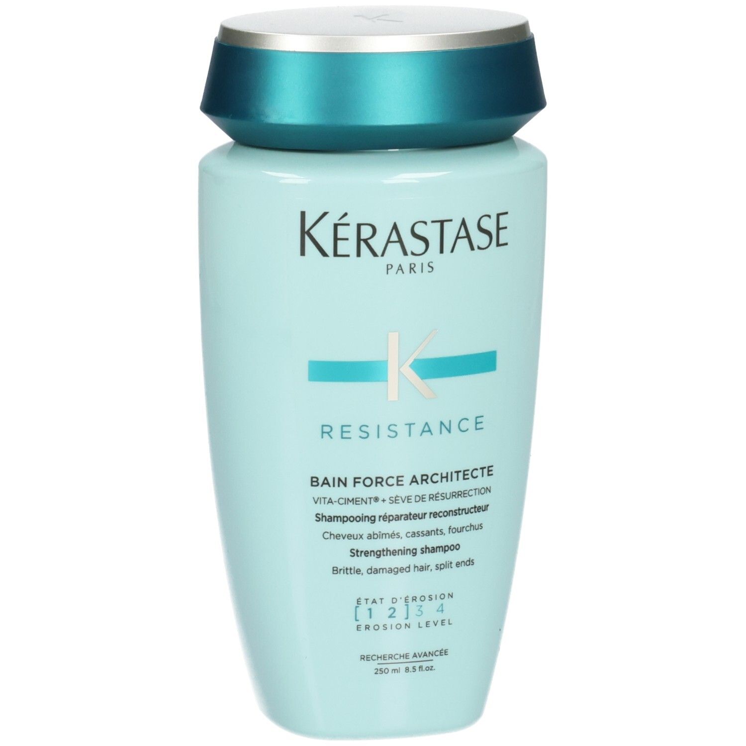 Bouteille Kérastase bleu clair avec bouchon turquoise. Shampooing fortifiant pour cheveux abîmés.