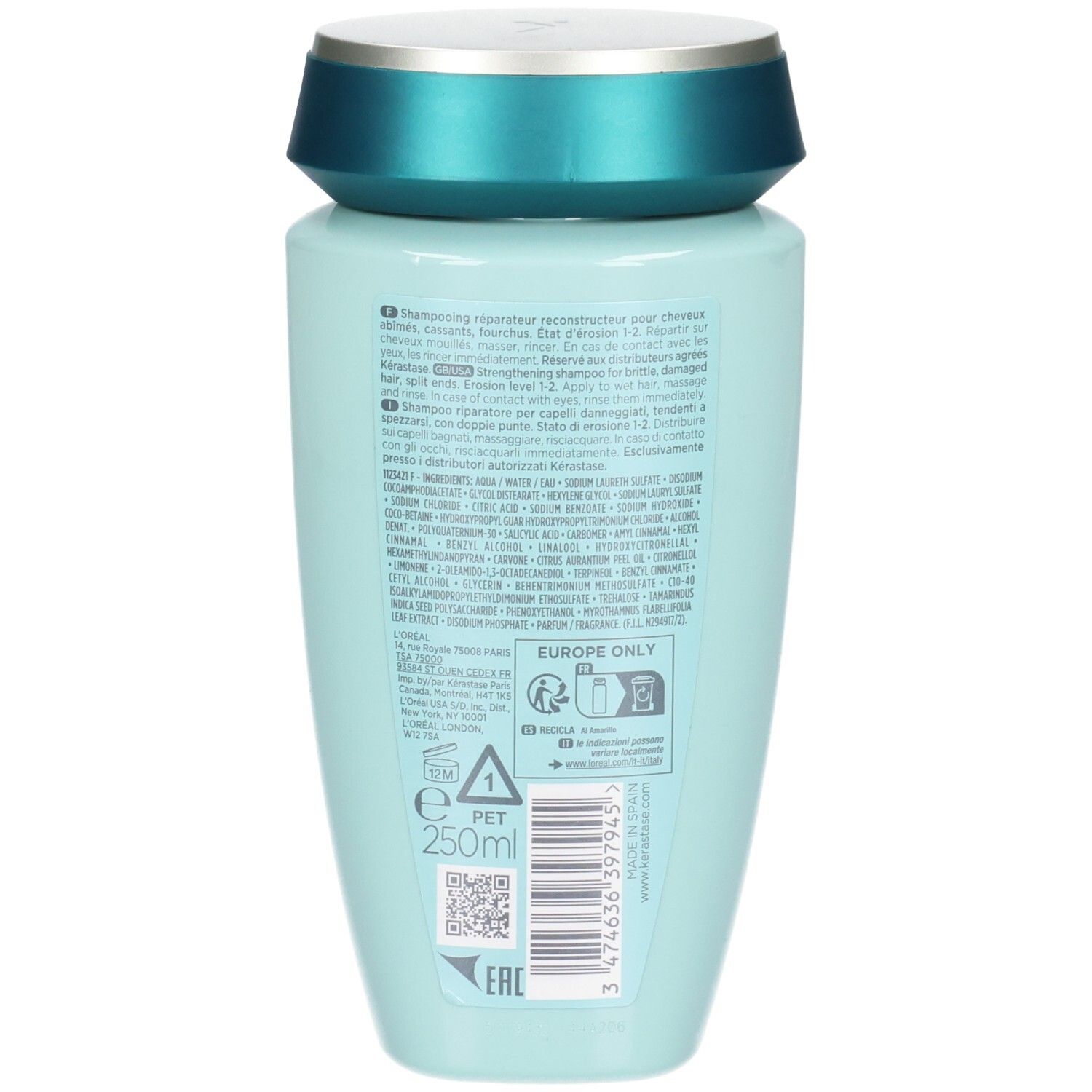 Arrière de la bouteille de shampooing Kérastase avec ingrédients et indication 250ml.
