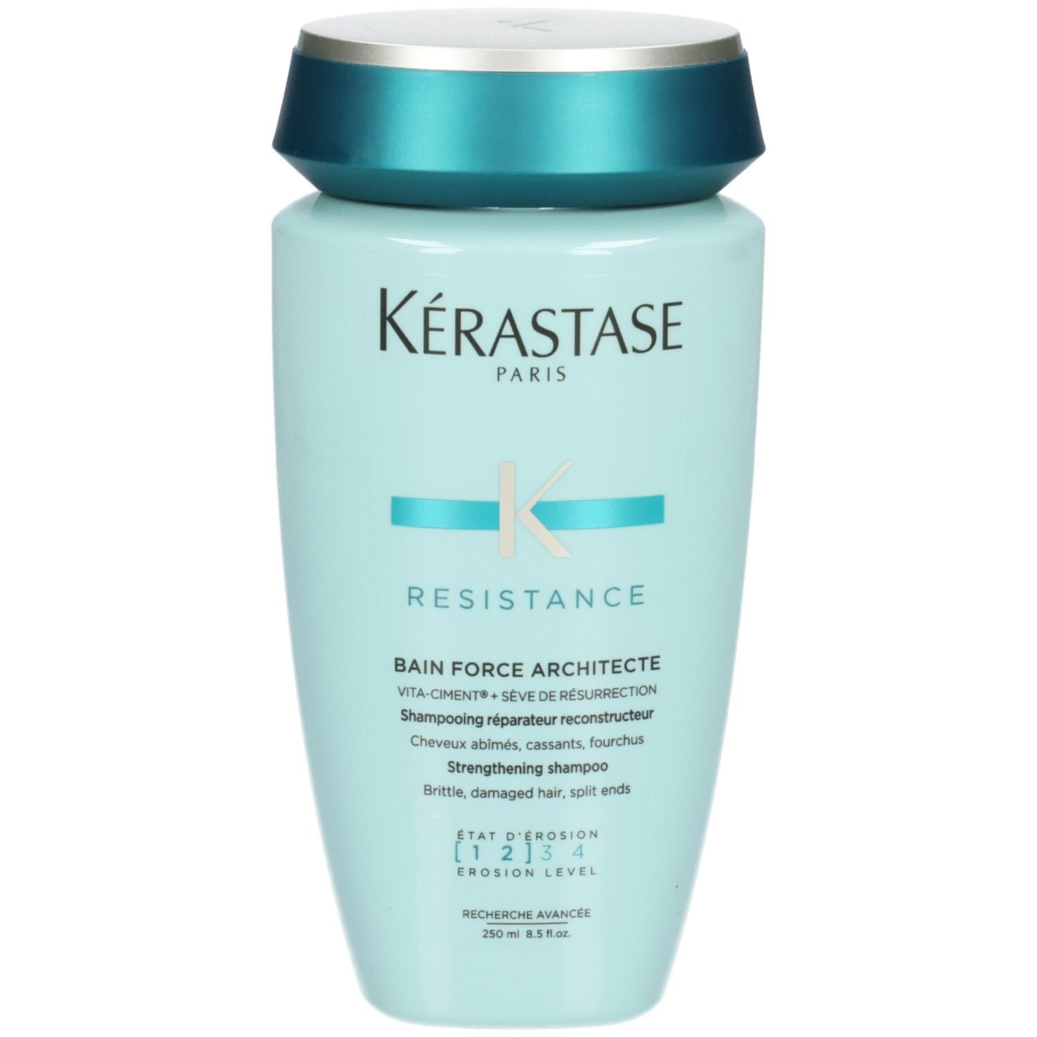 Bouteille Kérastase bleu clair avec bouchon turquoise. Shampooing fortifiant pour cheveux abîmés.