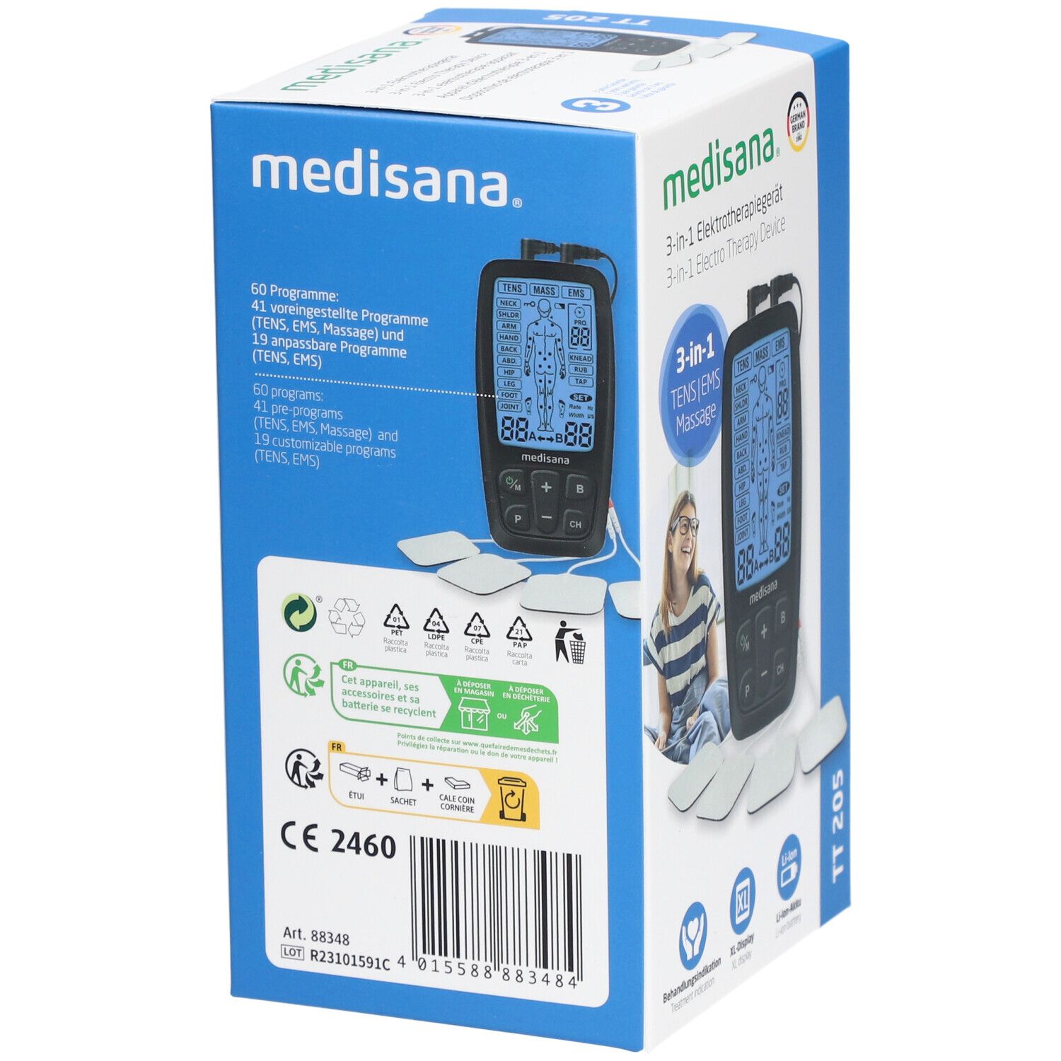 Dos de l'emballage de l'appareil d'électrothérapie. Appareil, coussinets. Marque : medisana. Appareil 3 en 1. Produit : TT 205. Symboles de recyclage. Marquage CE.