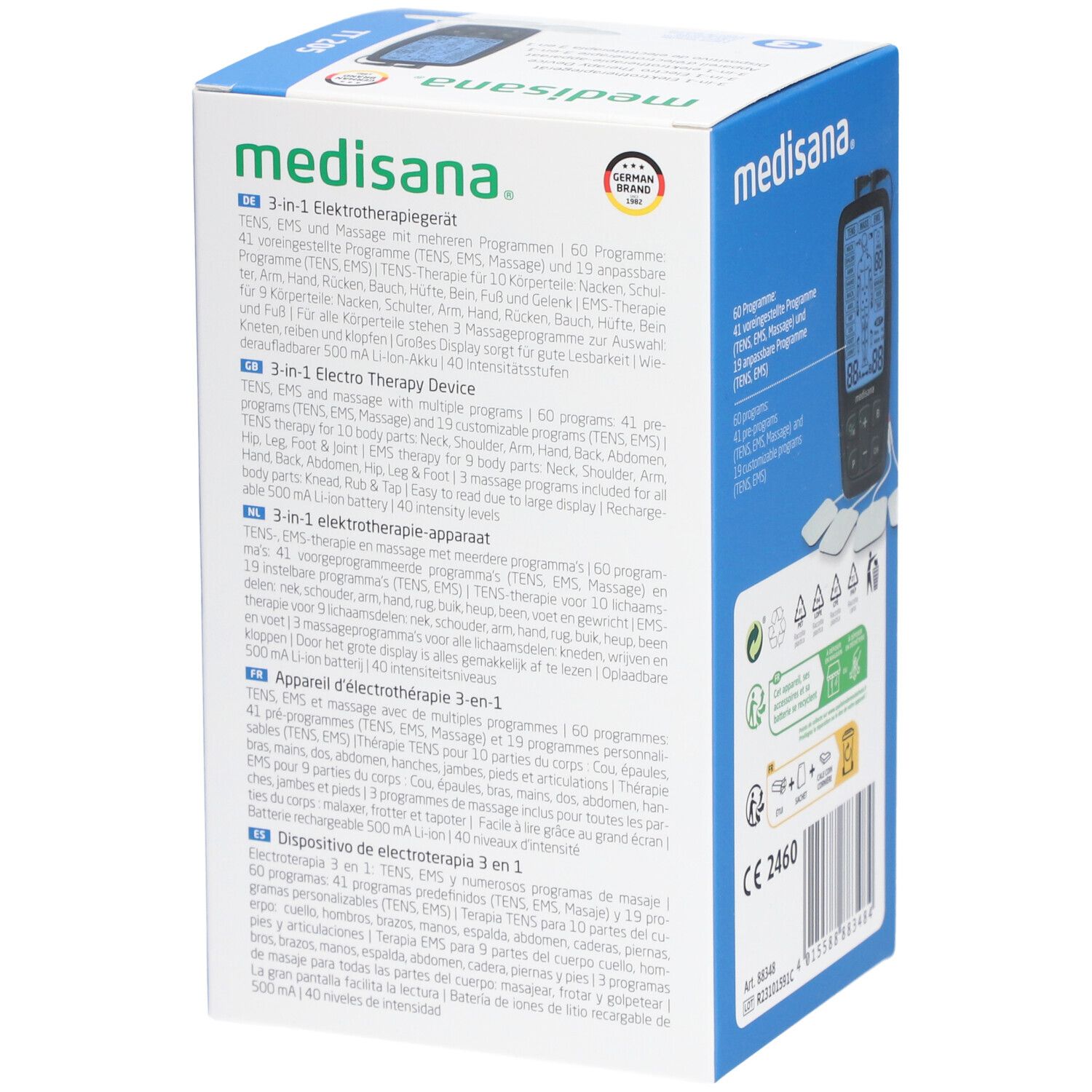Dos de l'emballage de l'appareil d'électrothérapie. Appareil, coussinets. Marque : medisana. Appareil 3 en 1. Produit : TT 205. Marquage CE. Texte multilingue.