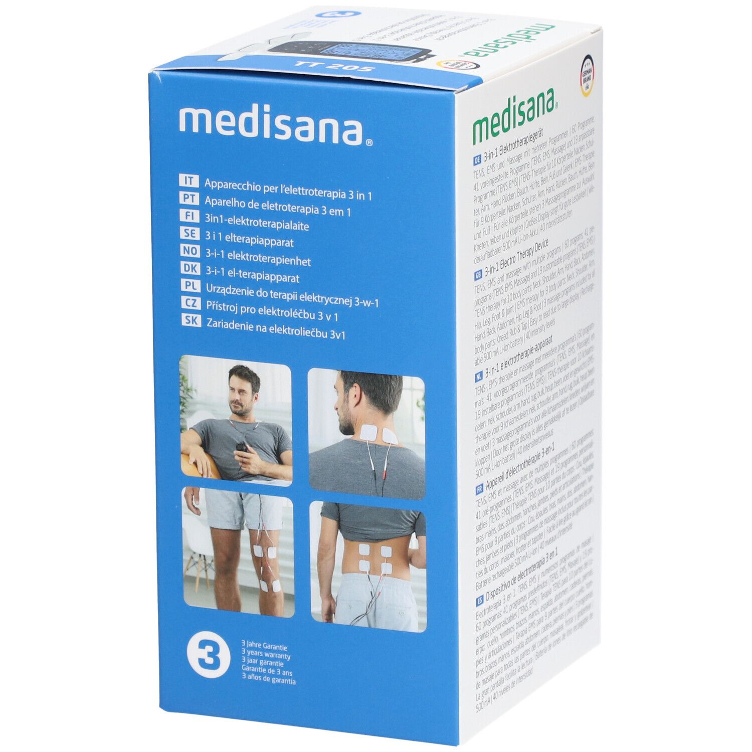 Emballage de l'appareil d'électrothérapie. Appareil, coussinets. Marque : medisana. Appareil 3 en 1. Produit : TT 205. Illustrations d'utilisation.