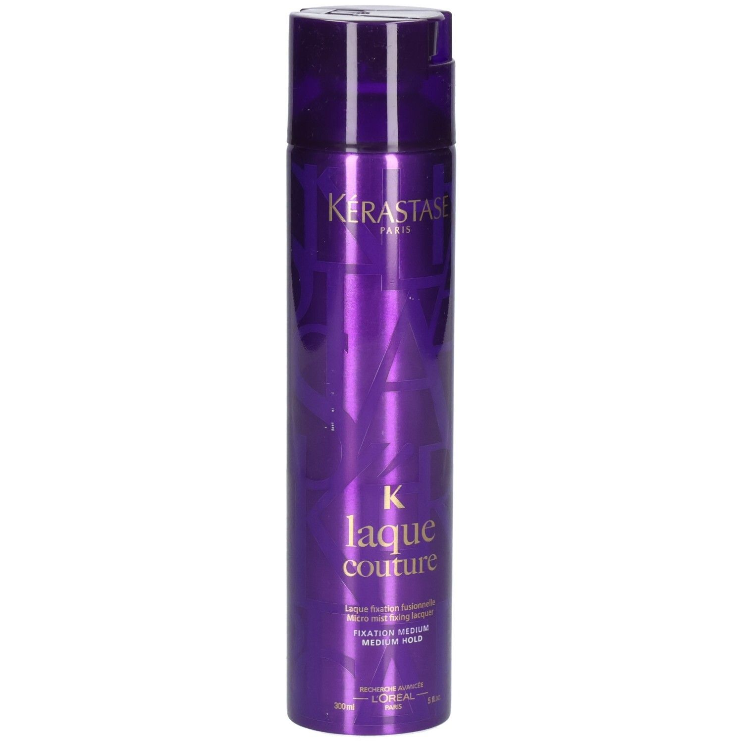 Laque Kérastase Laque Couture, flacon violet avec inscription dorée, fixation moyenne.