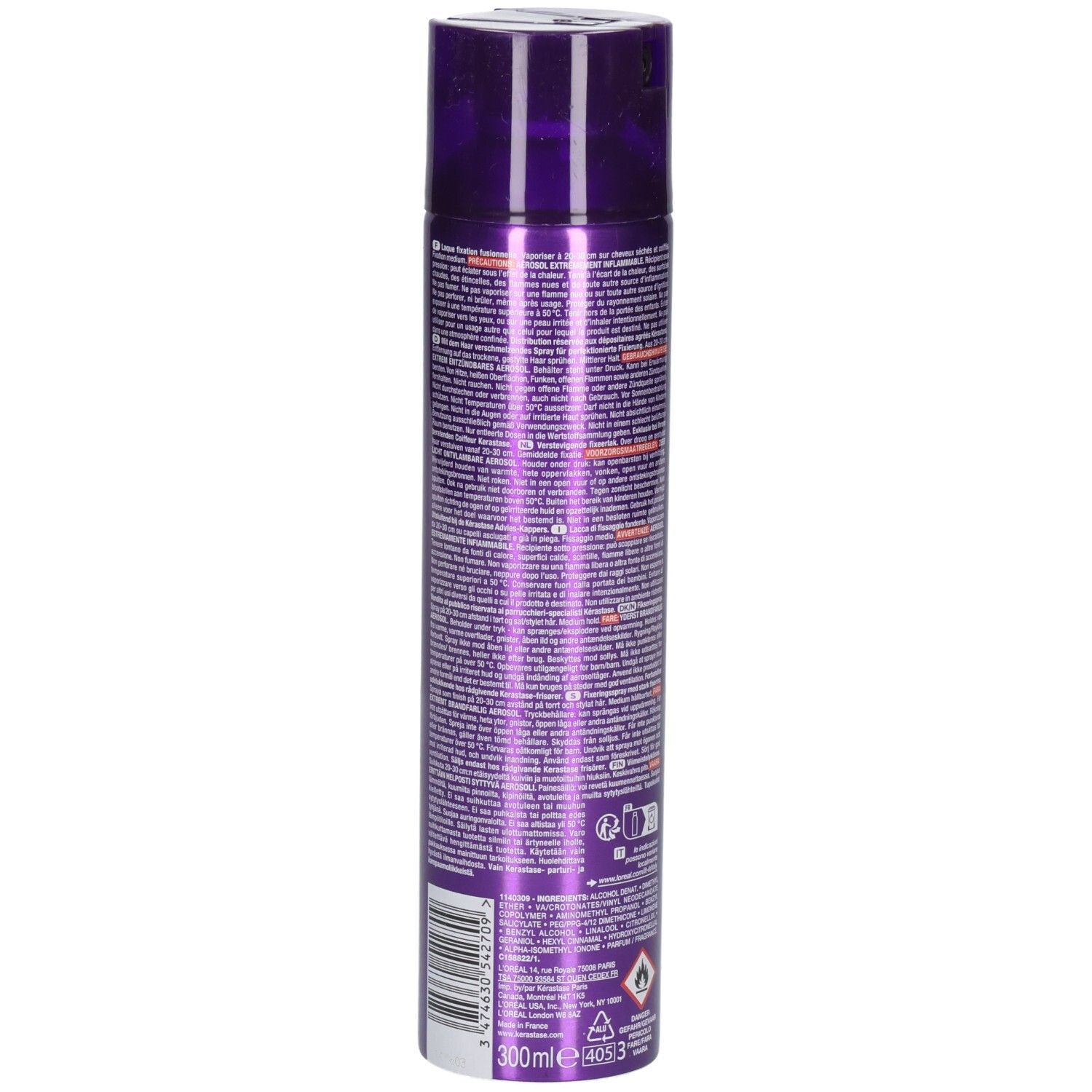 Arrière du flacon de laque Kérastase Laque Couture, indiquant 300ml et logo L'Oréal.