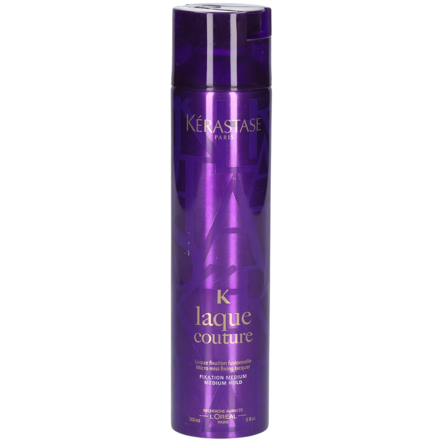 Laque Kérastase Laque Couture, flacon violet avec inscription dorée, fixation moyenne.
