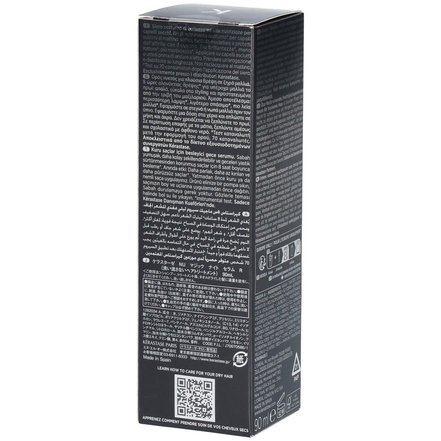 Boîte noire avec texte multilingue et indication de 90ml.