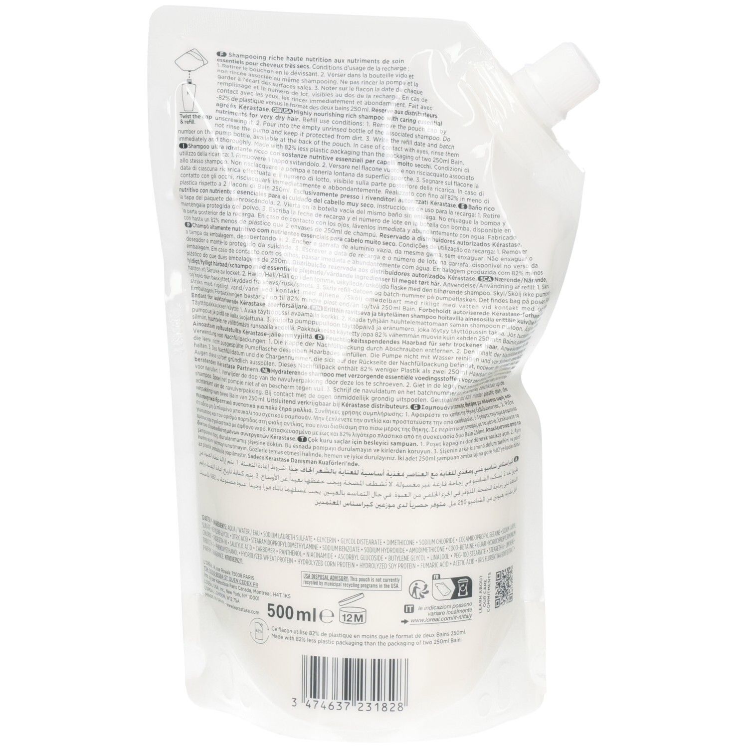 Pochette de recharge pour shampoing, 500 ml, avec bouchon à vis.