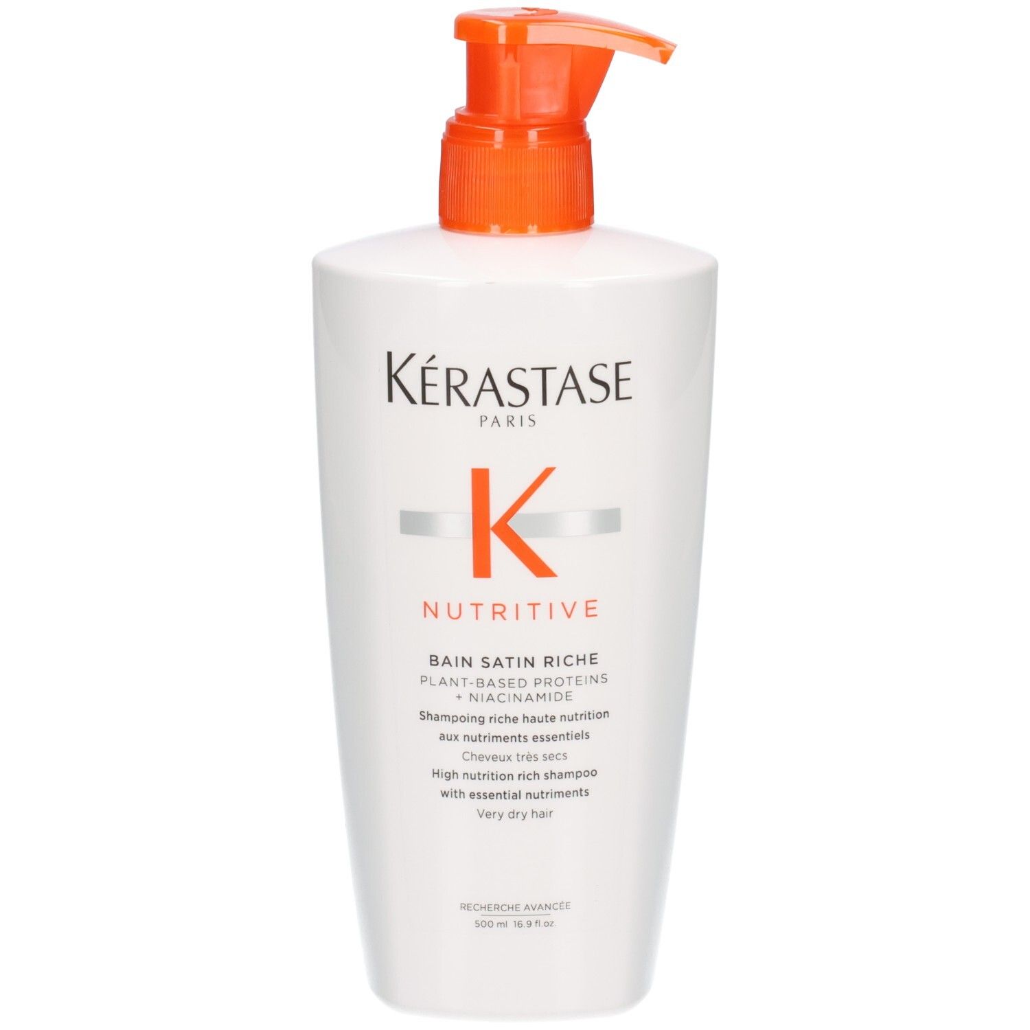 Flacon blanc Kérastase Nutritive Bain Satin Riche avec distributeur pompe orange.