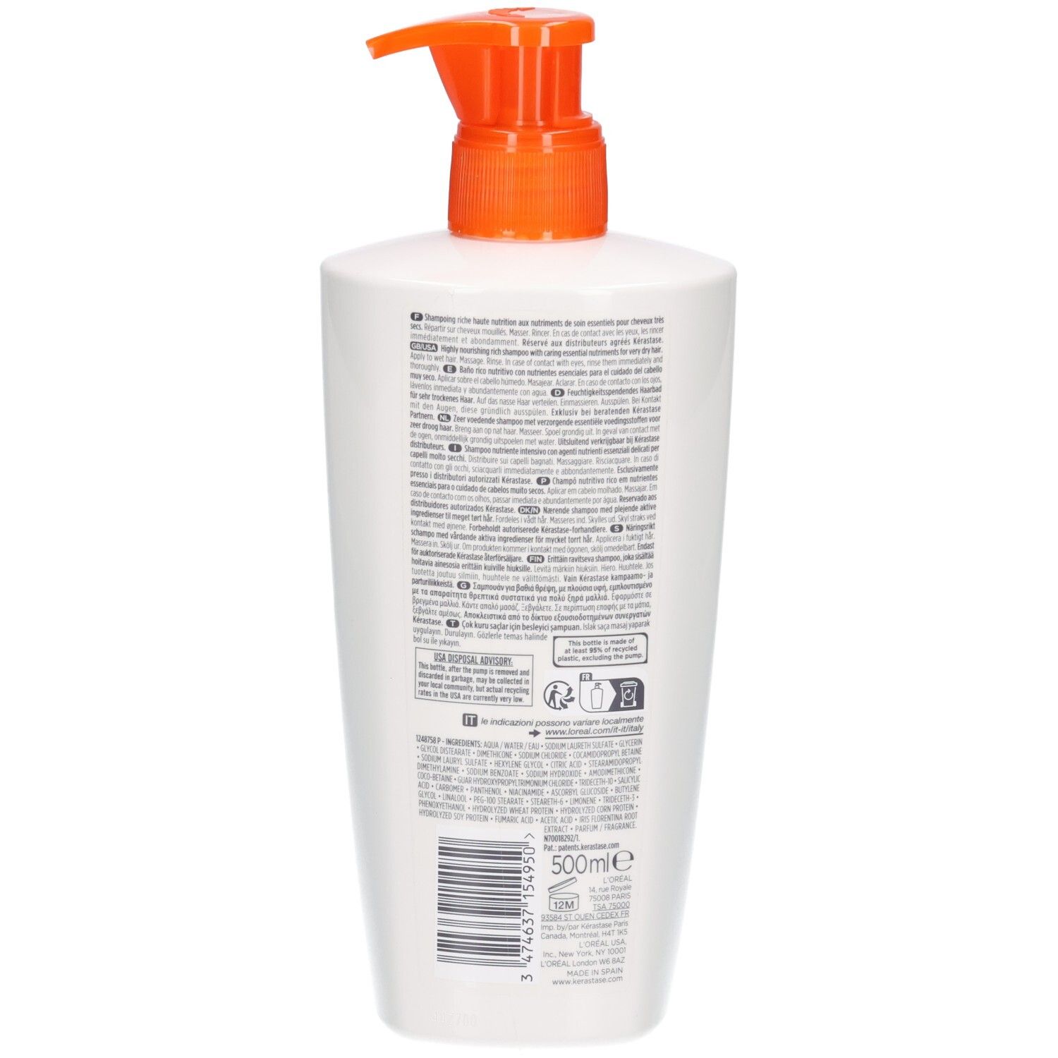 Flacon pompe blanc avec bouchon orange et étiquette d'informations produit et code-barres. 500ml.