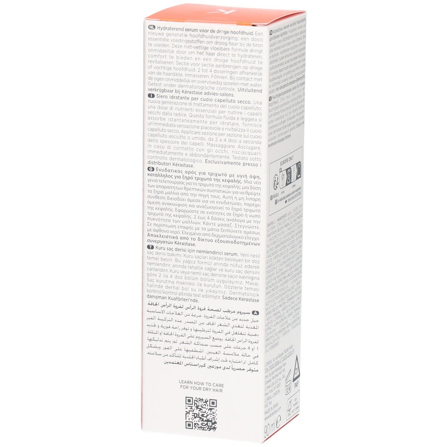 Emballage d'un sérum capillaire avec instructions d'utilisation multilingues et un code QR.