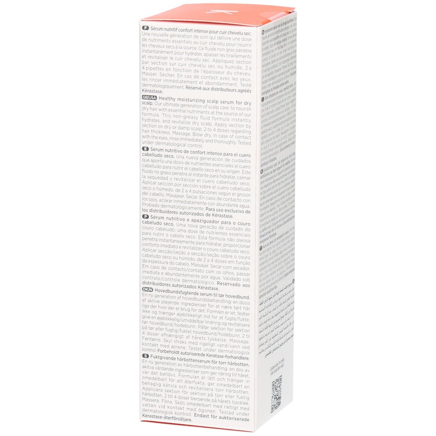 Emballage d'un sérum hydratant pour cuir chevelu avec texte multilingue.