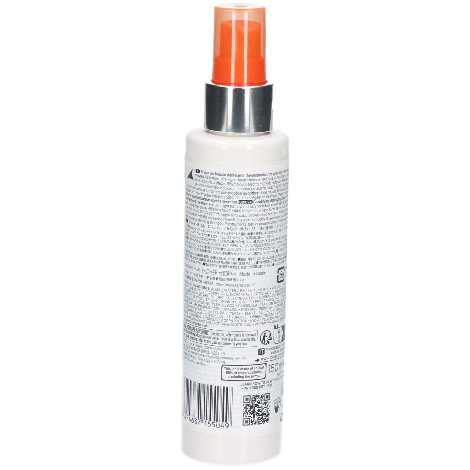 Arrière du flacon Kérastase Nutritive Lotion Thermique Sublimatrice avec code-barres et informations produit.