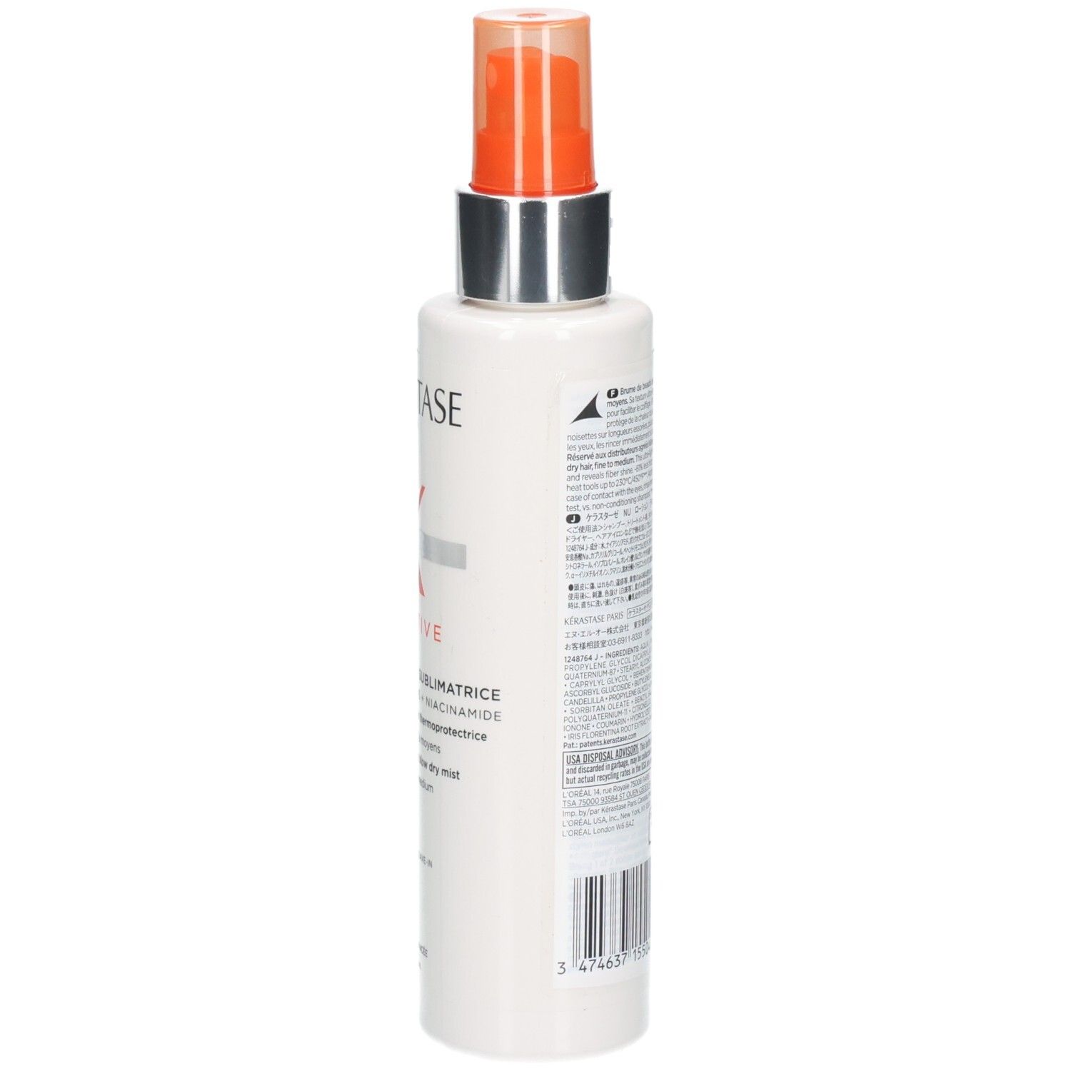 Vue latérale du flacon Kérastase Nutritive Lotion Thermique Sublimatrice avec informations détaillées.