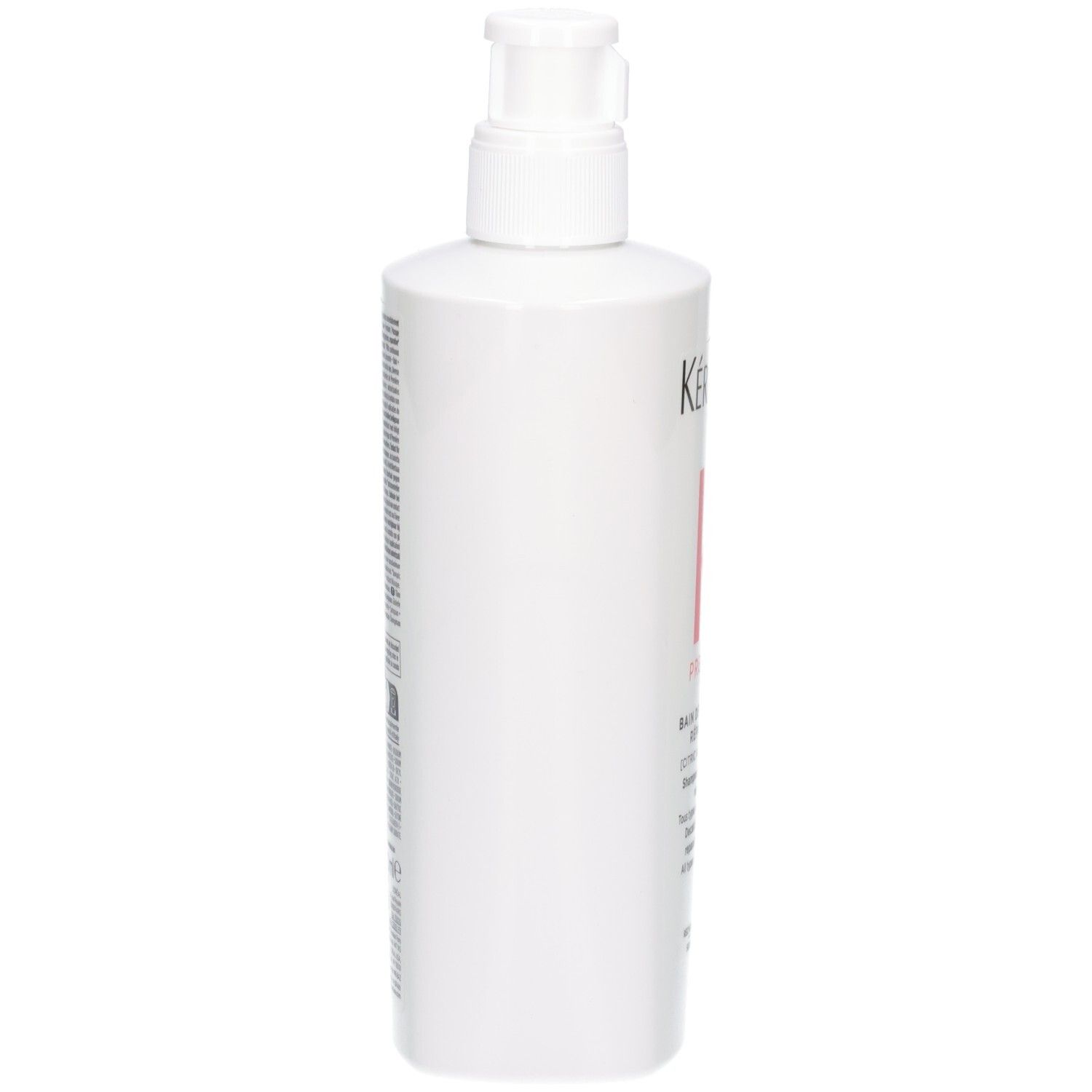 Vue latérale du flacon de shampooing blanc Kérastase avec pompe.