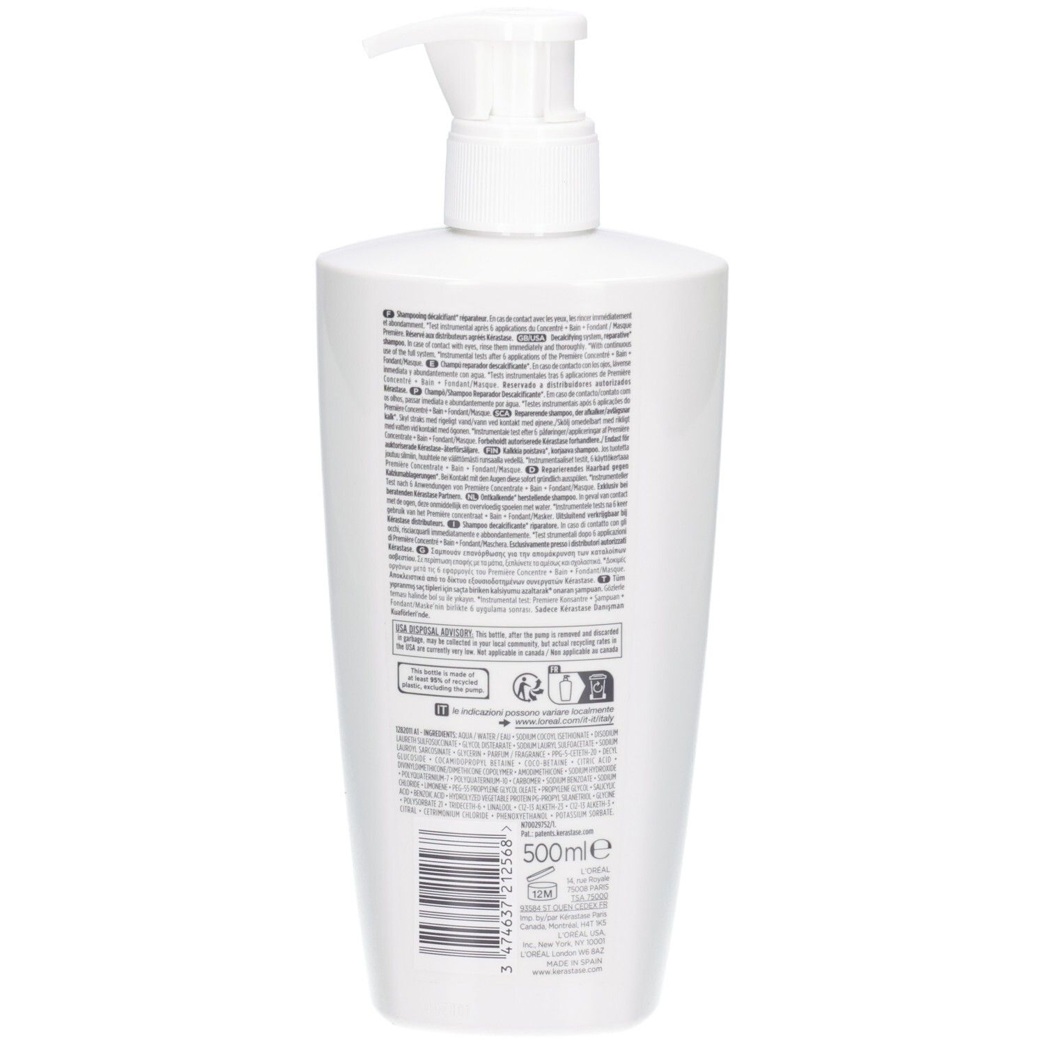 Arrière du flacon de shampooing blanc Kérastase avec informations détaillées sur le produit.
