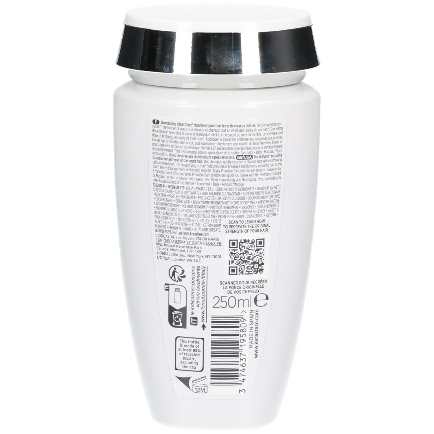 Bouteille de shampooing Kérastase Première, dos avec détails sur les ingrédients et l'utilisation.