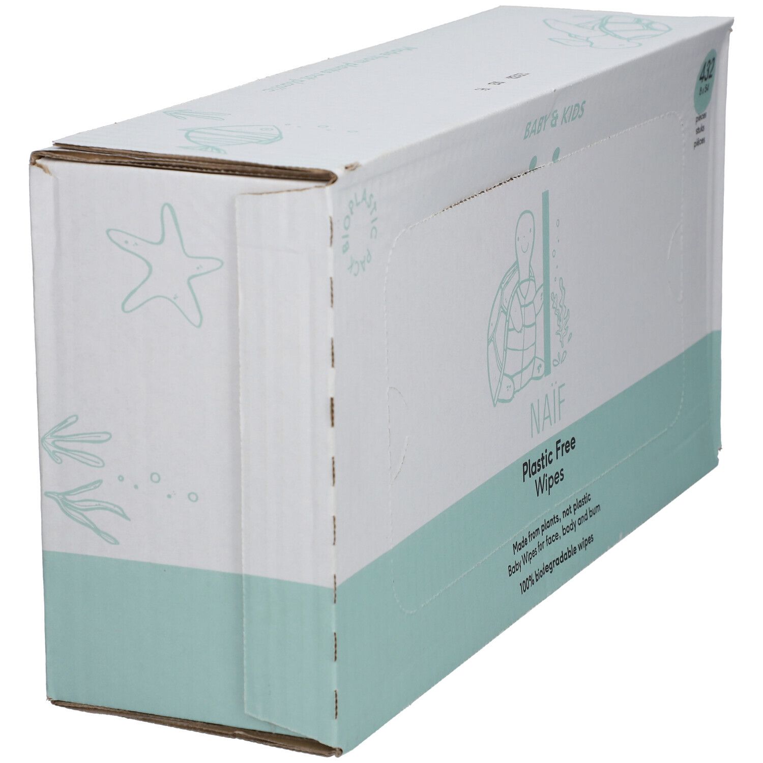 Boîte en carton de lingettes en biais. Inscription : NAÏF, Plastic Free Wipes. Emballage blanc et vert avec logo et texte.