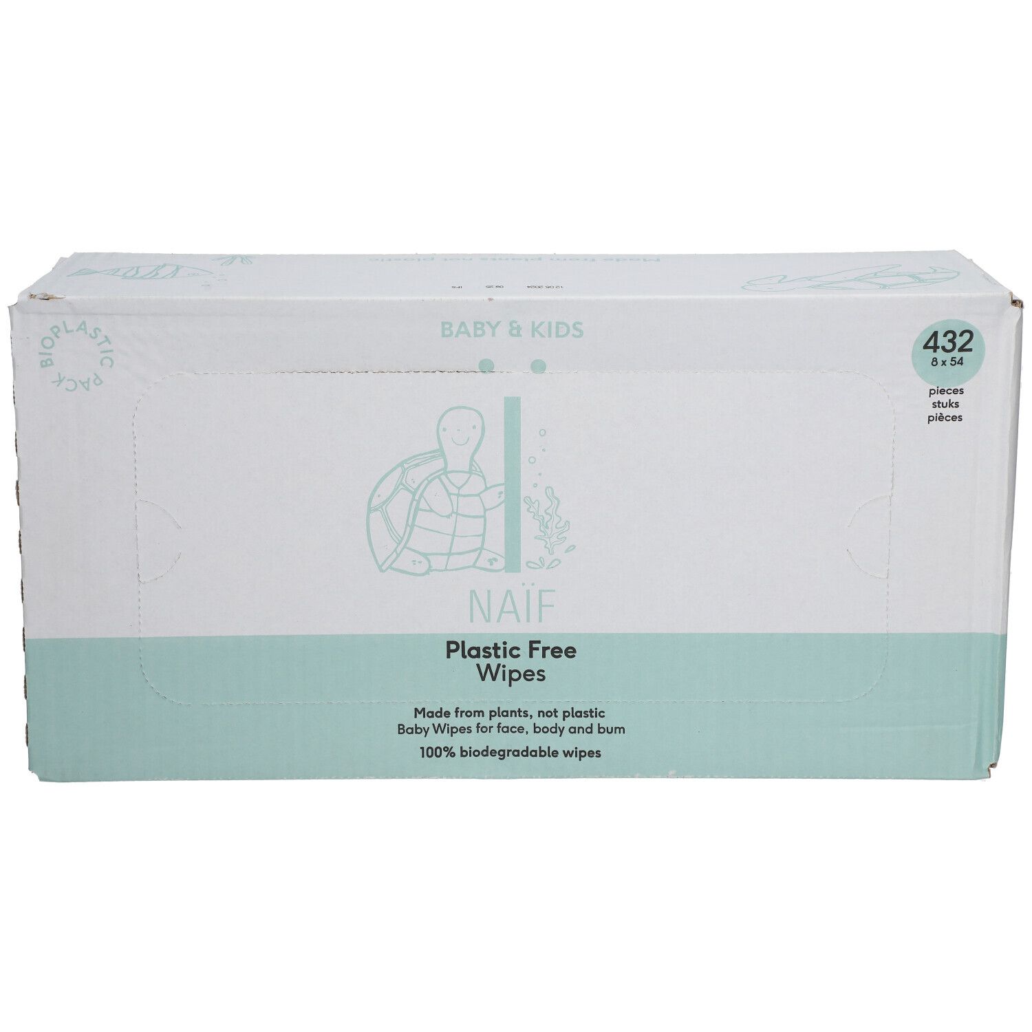 Boîte en carton de lingettes. Inscription : NAÏF, Plastic Free Wipes, 432 pièces. Emballage blanc et vert avec logo et texte.