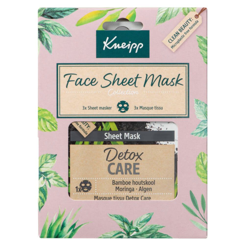 Coffret de masques faciaux. Emballage Kneipp, texte Face Sheet Mask Collection, 3 masques. Visible: Detox Care.