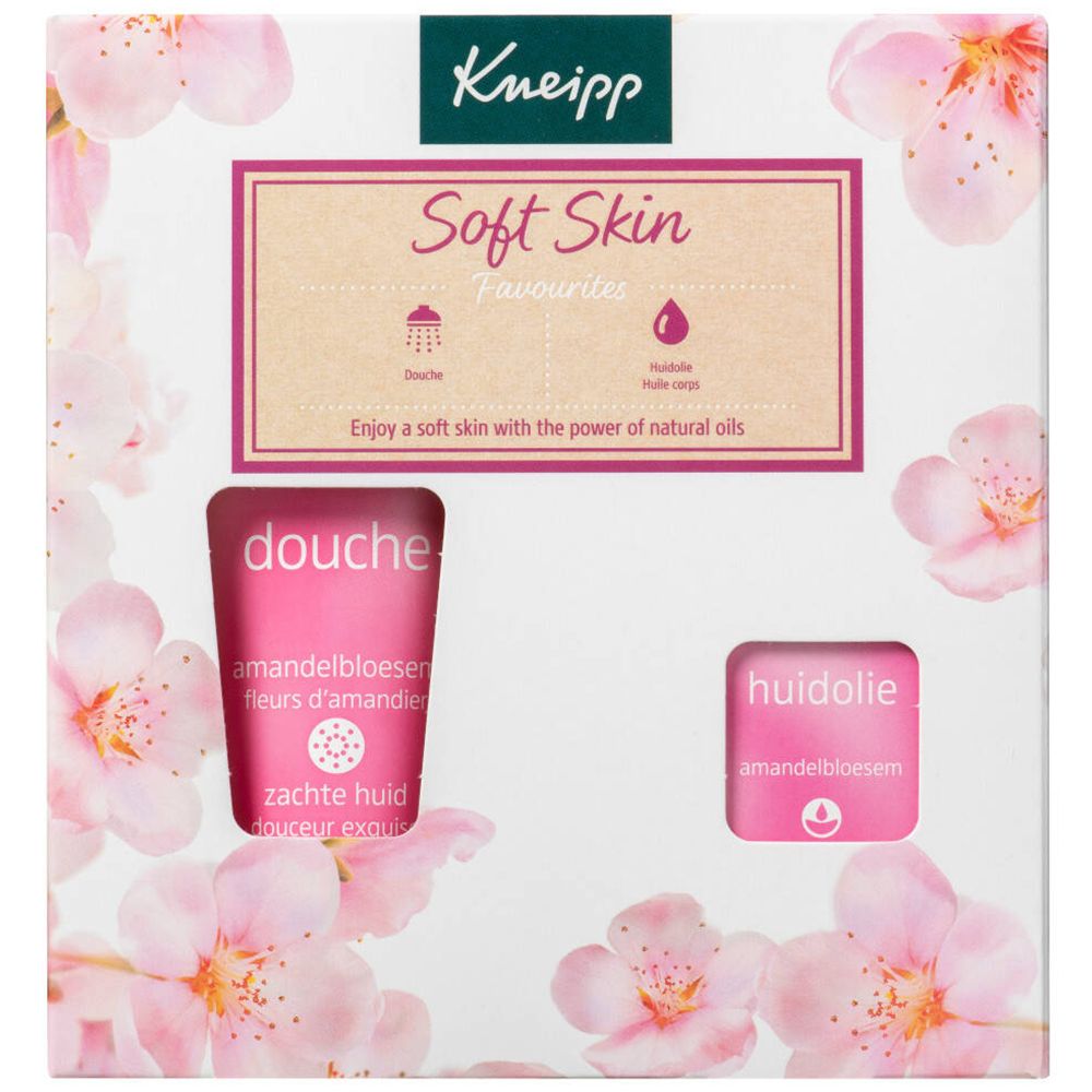 Coffret cadeau avec motif floral rose. Contient gel douche et huile pour la peau. Marque Kneipp, texte Soft Skin.