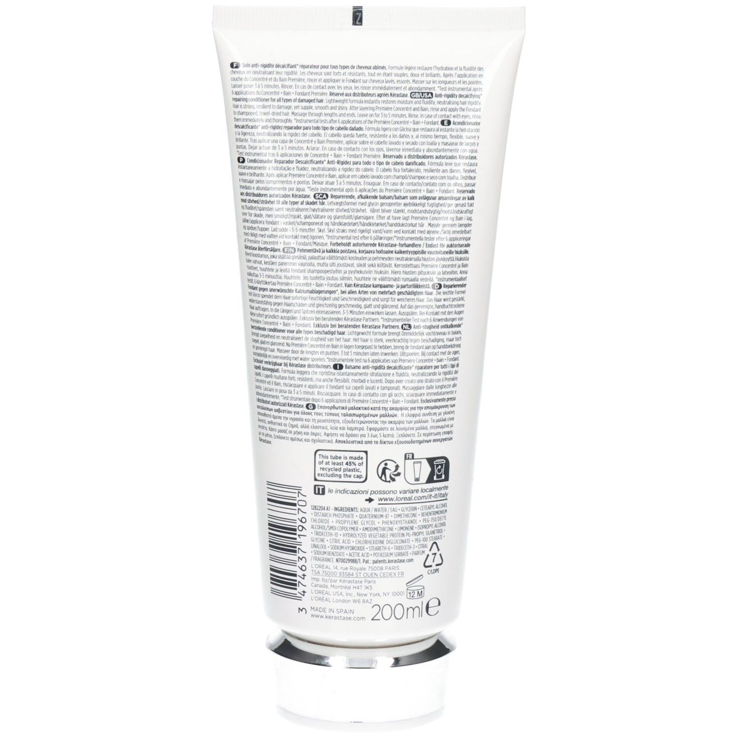 Tube blanc avec bouchon argenté, dos avec texte et indication 200ml.