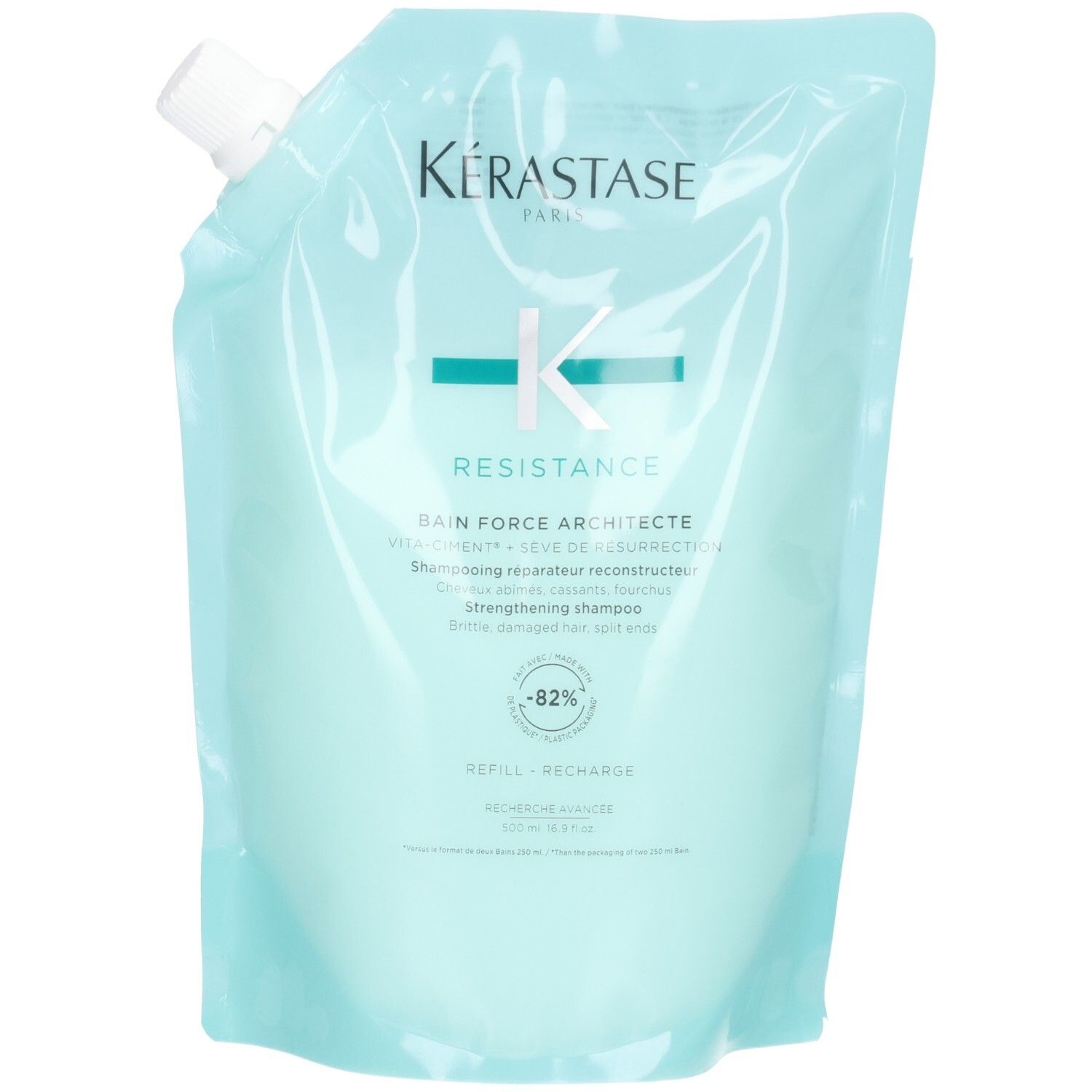 Kérastase Bain Force Architecte Shampoo recharge, vert menthe, avec logo K et informations produit.