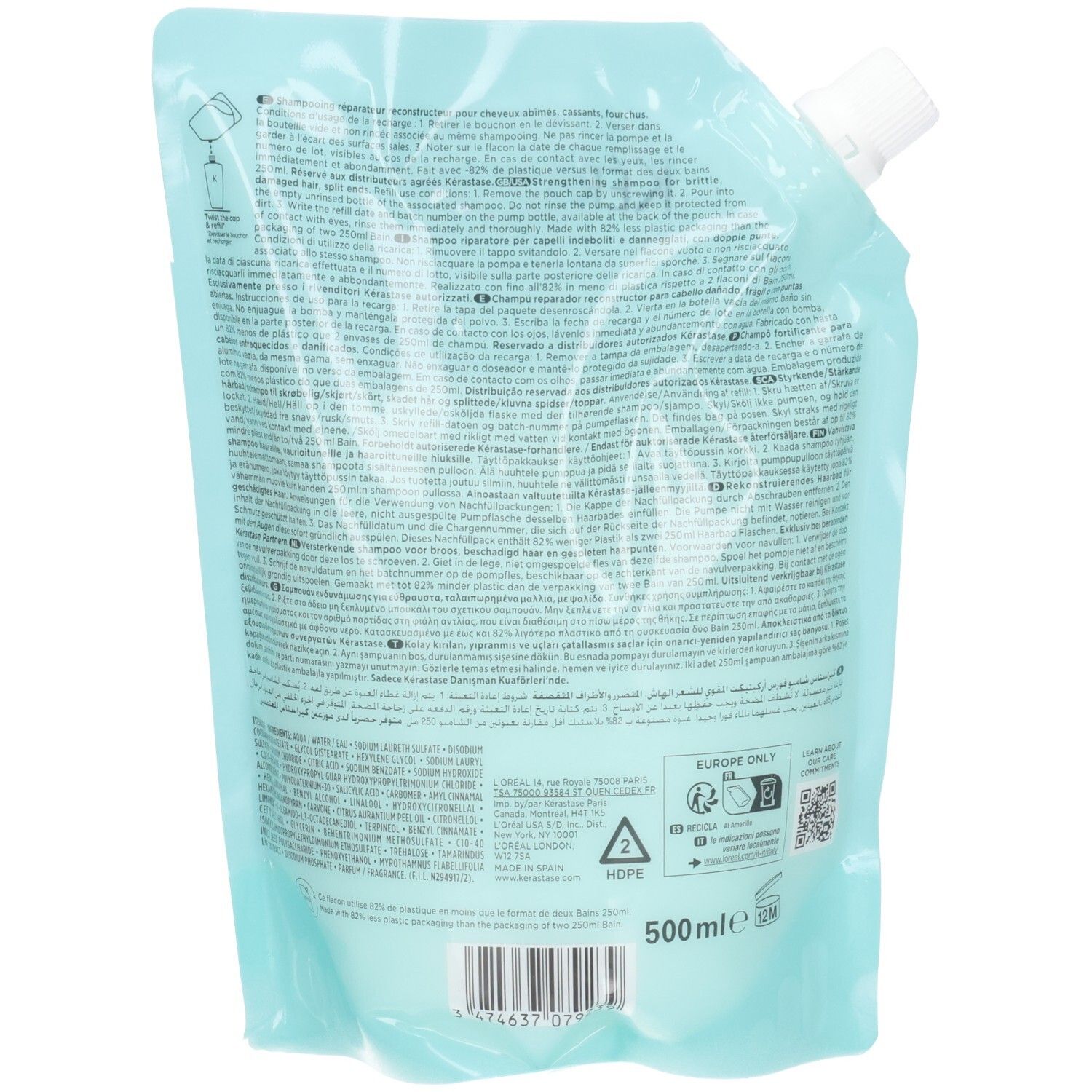 Dos du Kérastase Bain Force Architecte Shampoo recharge avec instructions d'utilisation détaillées et informations produit.